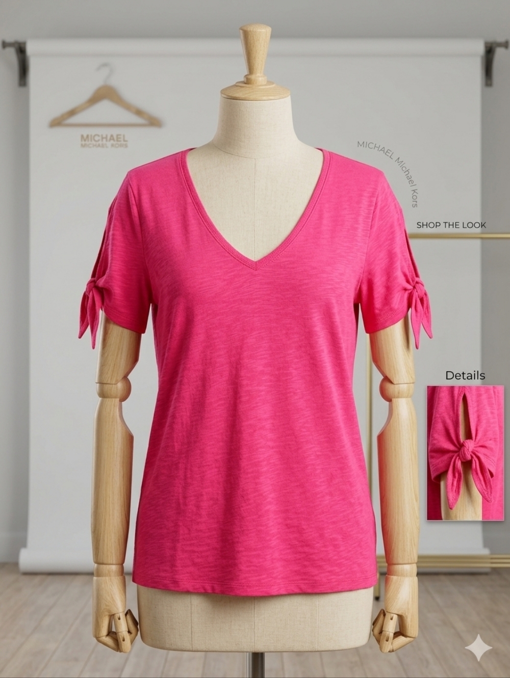 Michael Kors Bright Pink V-Neck Tie Sleeve Top – Women’s Large